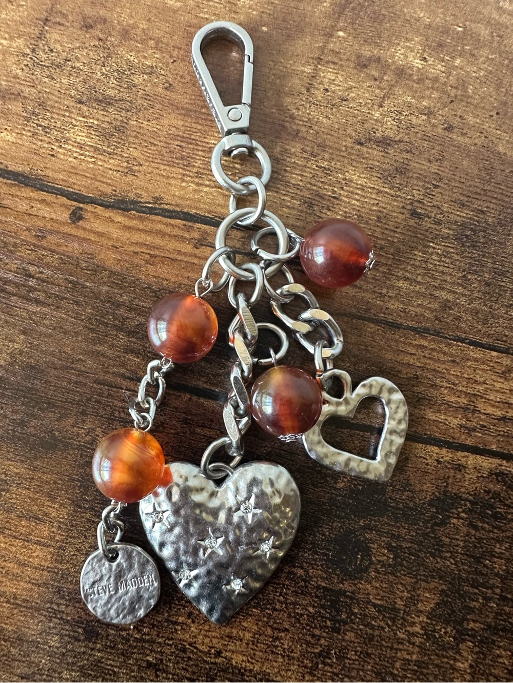 Steve Madden Silver-Tone Heart Bag Charm Keychain w/ Chain & Amber Beads NWOT